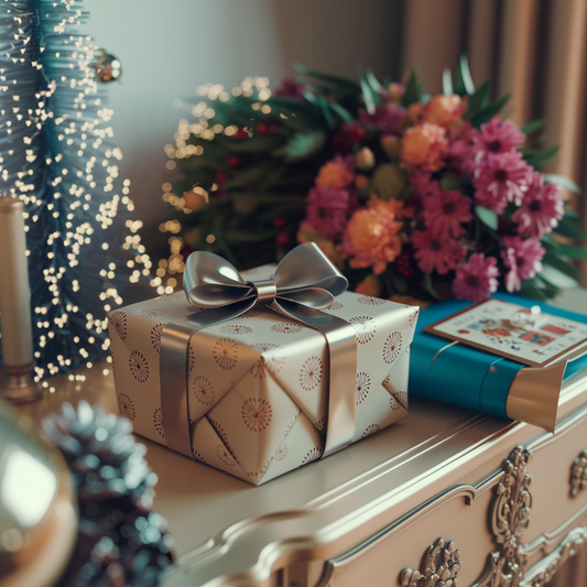 Elegantiškai supakuota dovana moteriai guli ant šventiško stalo šalia ryškių gėlių puokštės ir atviruko su sveikinimu. Šilta, švelni šviesa apgaubia sceną, kurdama jaukią gimtadienio atmosferą. Ore tvyro džiaugsmas ir malonaus siurprizo laukimas,