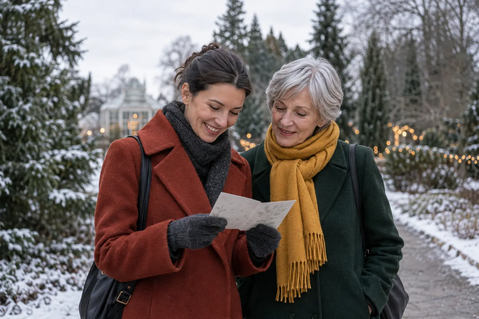 Mama ir suaugusi dukra žiemos parke kartu skaito asmeninį laišką.