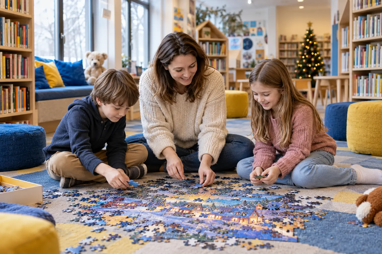 Mama su vaikais bibliotekoje dėlioja didelę grindų dėlionę.