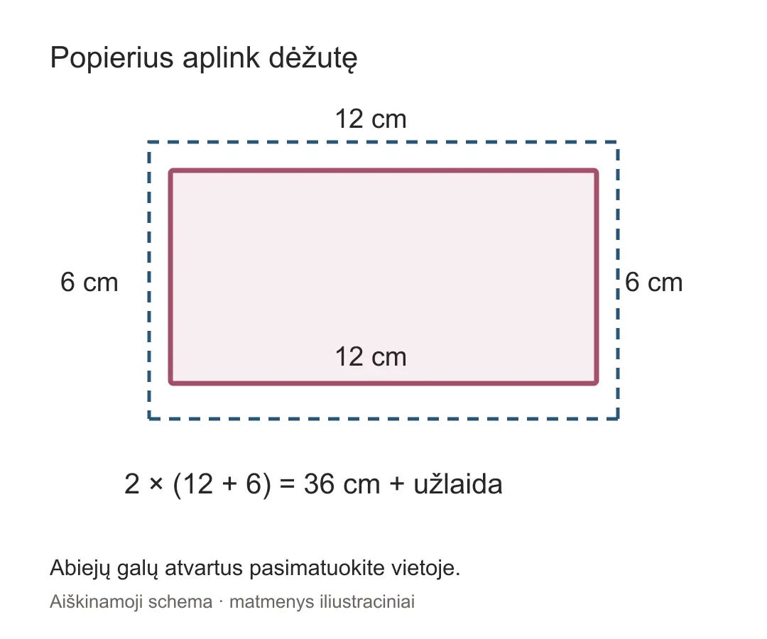 Stačiakampės dėžutės skerspjūvio schema: dvi 12 cm ir dvi 6 cm kraštinės, iš viso 36 cm bei užlaida siūlei.