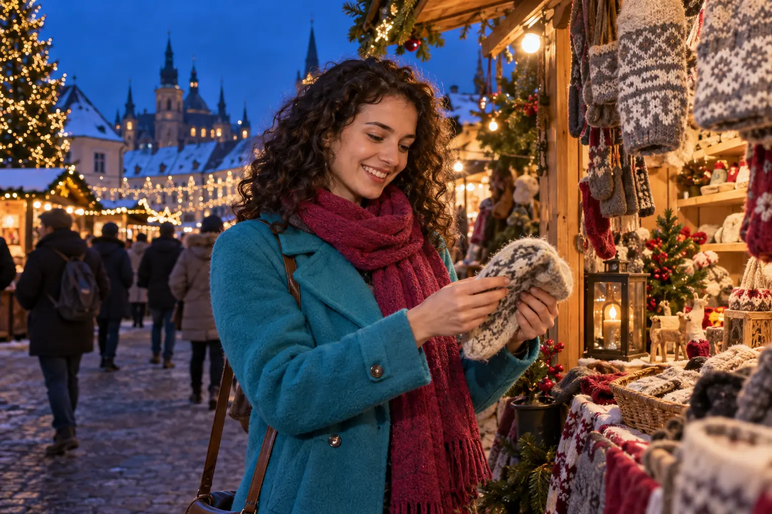Mergina žiemiškame amatų turgelyje apžiūri megztą aksesuarą.