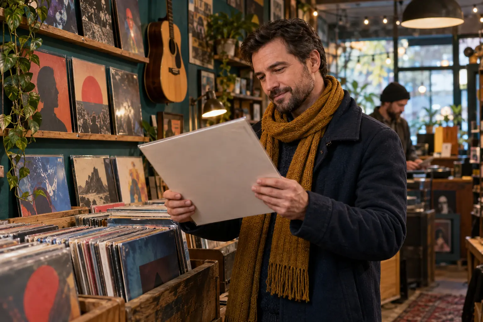 Vyras renkasi plokštelę muzikos parduotuvėje su spalvingomis lentynomis.