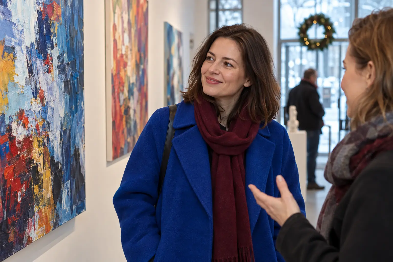 Moteris mėlynu paltu su drauge apžiūri spalvingus paveikslus galerijoje.
