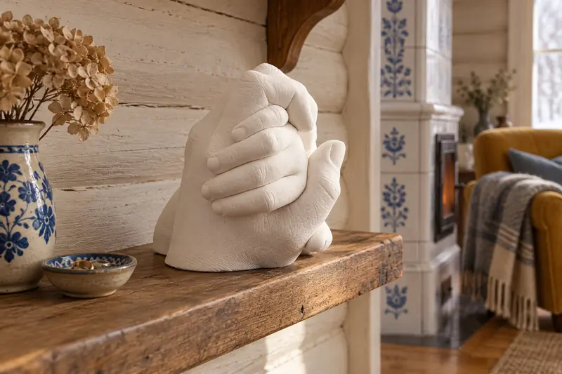 Balta suaugusiojo ir vaiko rankų skulptūra ant medinės lentynos, šviesių rąstų ir koklinės krosnies fone.